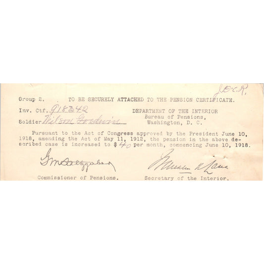 1918 US Department of the Interior Pension Increase Letter AD8-R2