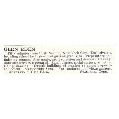 Glen Eden Girls Boarding School Stamford CT 1924 Magazine Ad AD8-O7