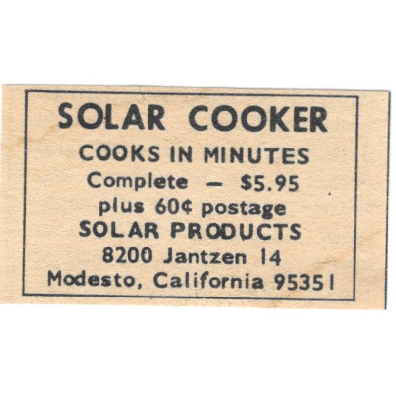 Solar Cooker - Solar Products Modesto CA - 1/2x2 1974 Ad AF6-S7