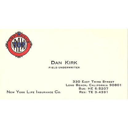 Dan Kirk Underwriter New York Life Long Beach Vintage Business Card SD9-B11