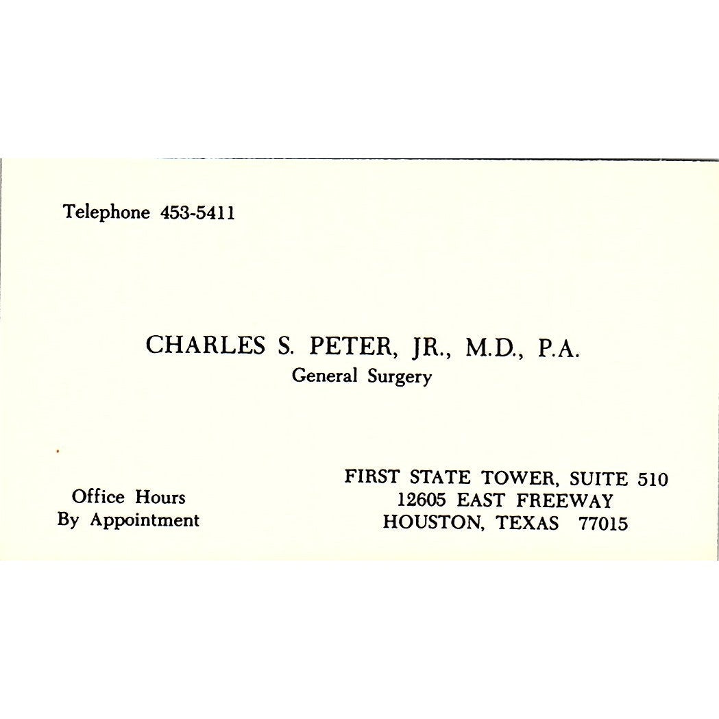 General Surgery, Charles S. Peter, Houston, Texas Vintage Business Card SF3-B8