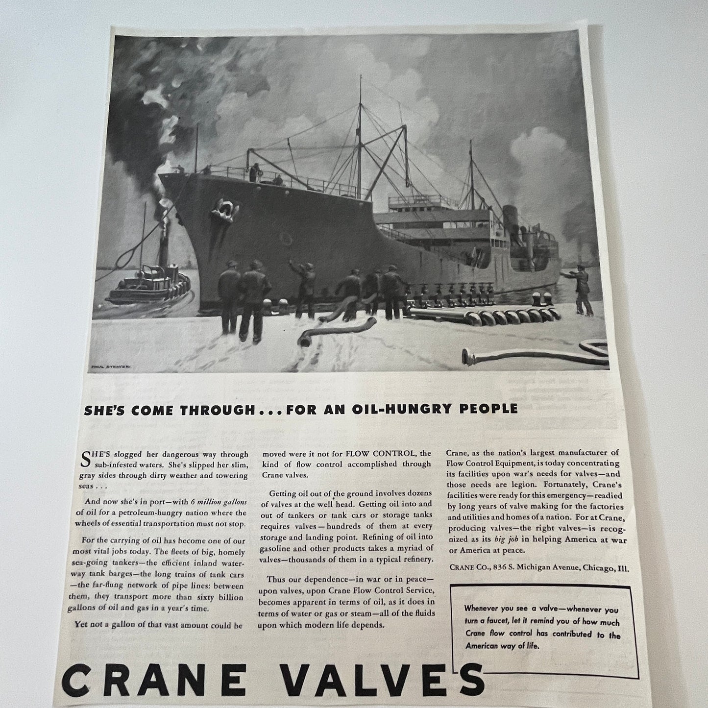 Crane Co. Crane Valves for an Oil-Hungry People Chicago IL 1943 WWII Ad SV1-6