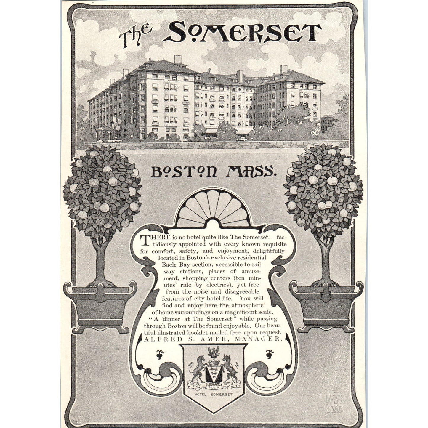 The Somerset Hotel Boston MA Alfred S. Amer c1905 Victorian Ad D13