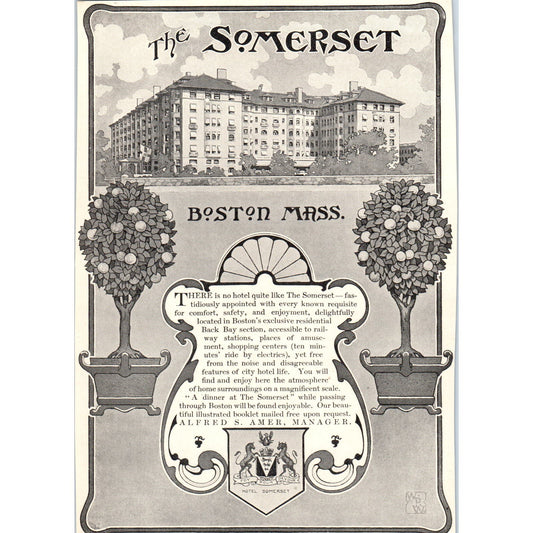The Somerset Hotel Boston MA Alfred S. Amer c1905 Victorian Ad D13