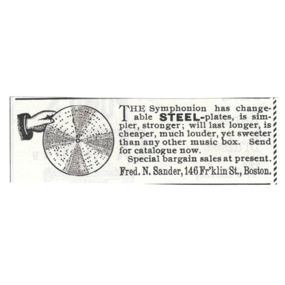 Music Box Steel Plates Fred N. Sander Boston MA c1890 Victorian Ad AE9-CH1