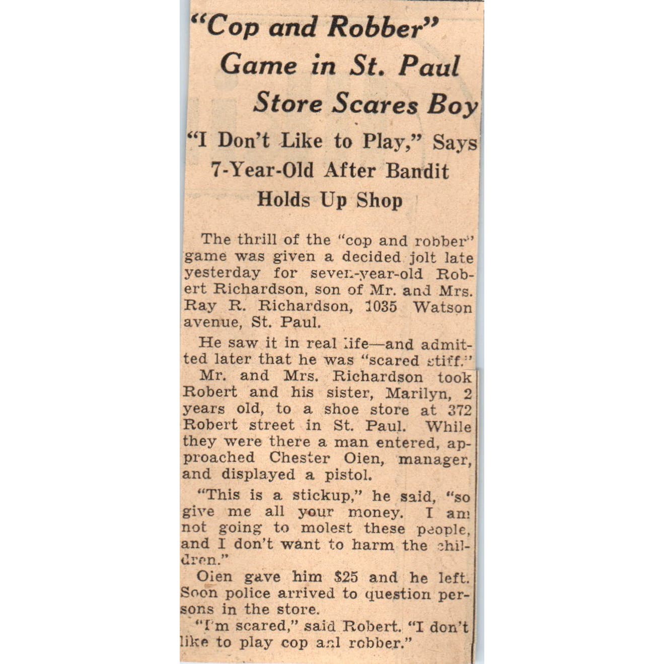Shoe Store Robbed Ray Richardson St Paul 1935 Minneapolis Journal Article AE7-N4