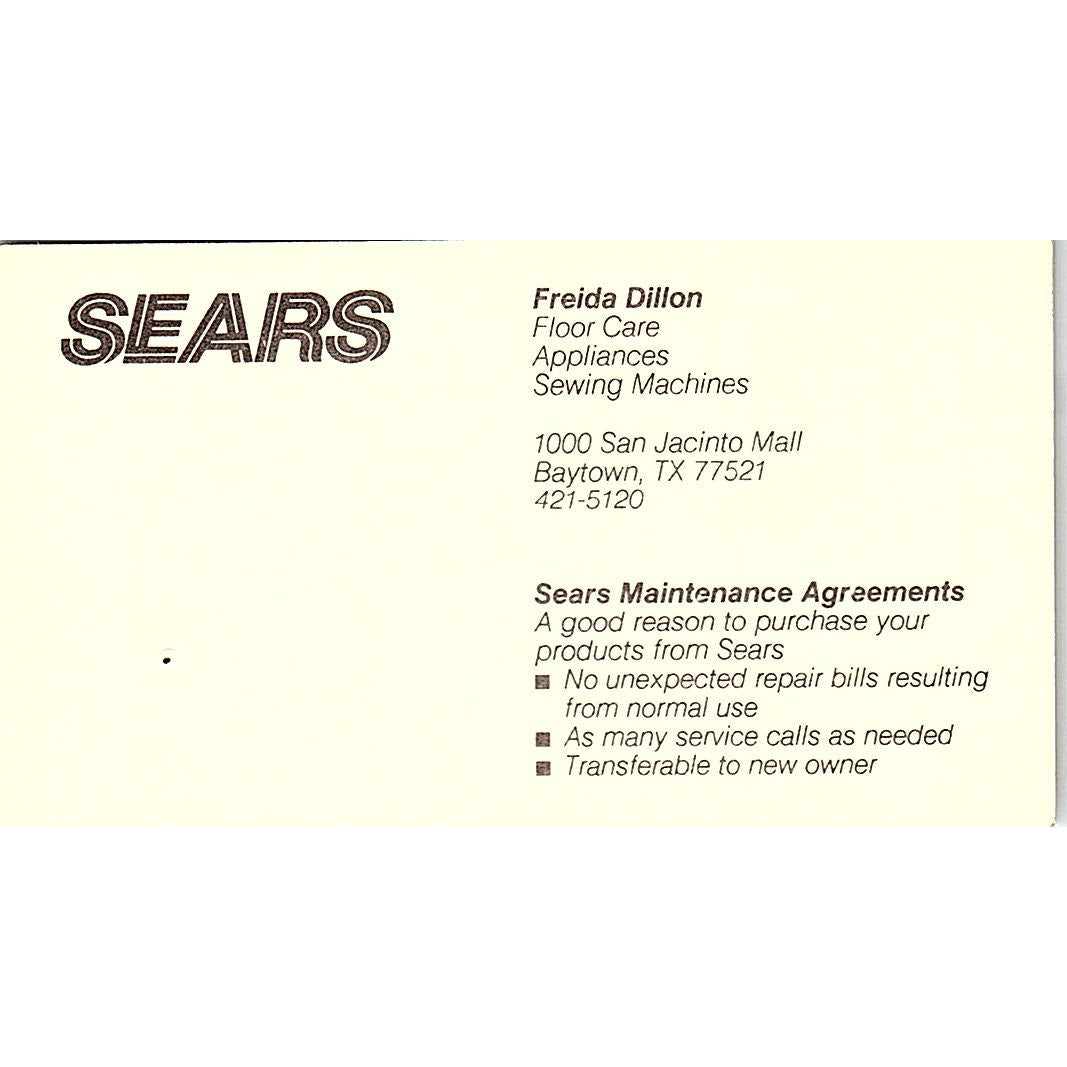 Sears Maintenance Agreements Freida Dillon Baytown TX Business Card SB4-B8