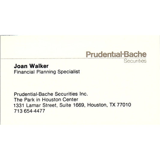 Prudential-Bache Securities Joan Walker Houston TX Vintage Business Card SF3-B4