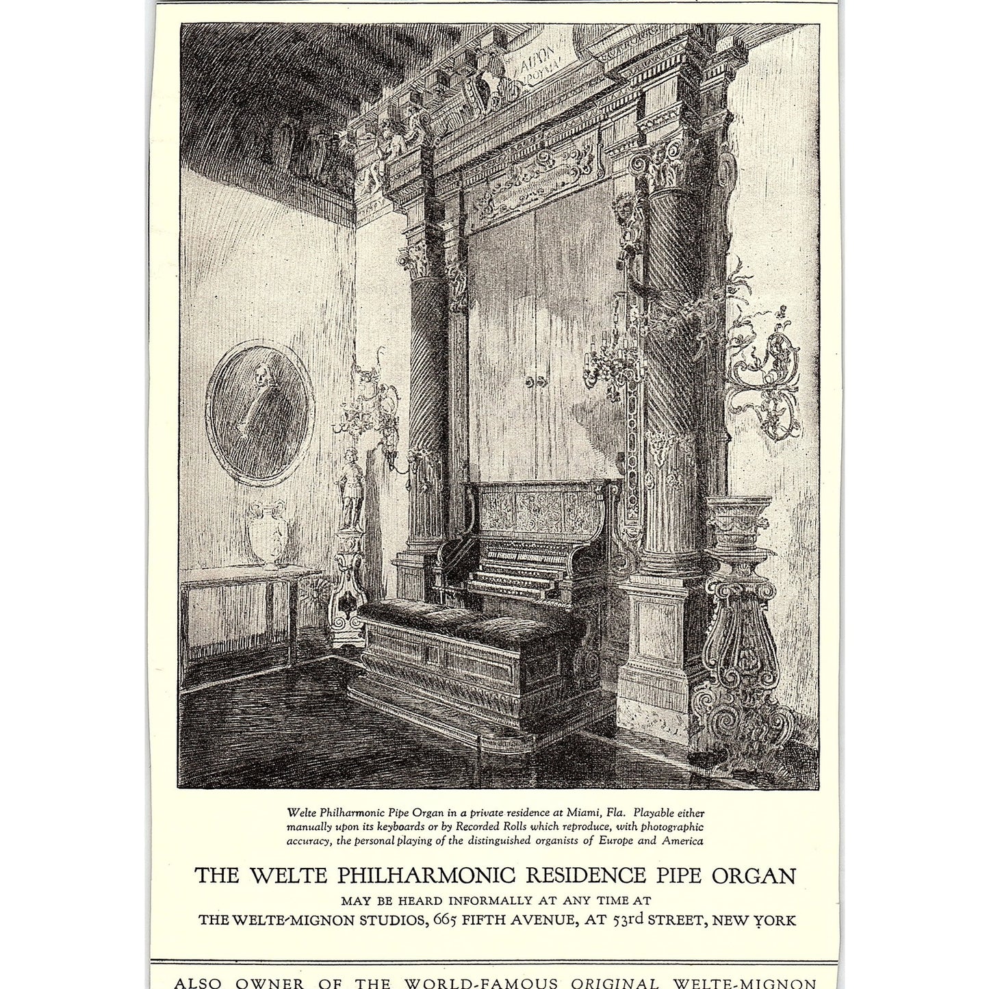 Welte Philharmonic Residence Pipe Organ 53rd Street New York NY c1920 Ad AF8-8