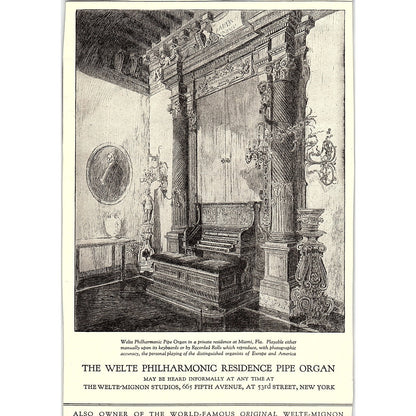Welte Philharmonic Residence Pipe Organ 53rd Street New York NY c1920 Ad AF8-8
