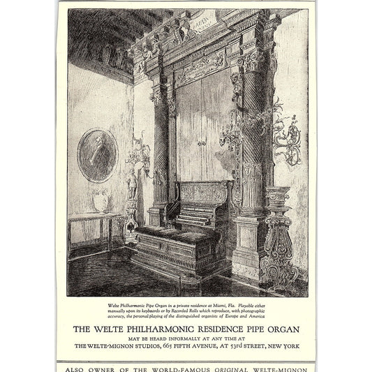 Welte Philharmonic Residence Pipe Organ 53rd Street New York NY c1920 Ad AF8-8
