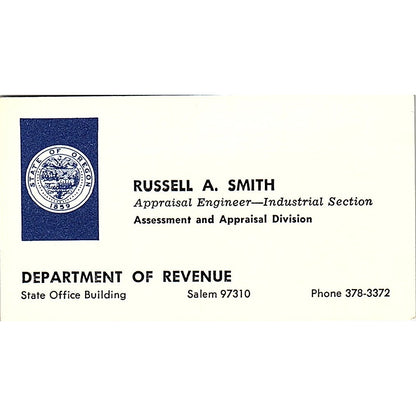 Department of Revenue Russell A. Smith Salem Oregon Vintage Business Card SF3-B4