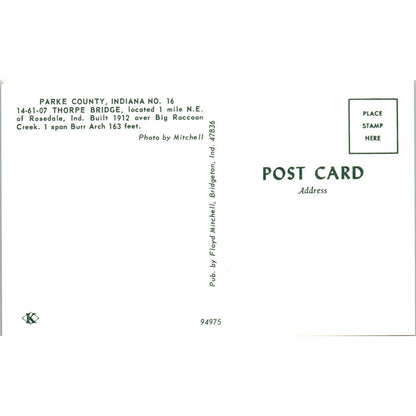 Thorpe Bridge Parke County IN No 16 Vintage Covered Bridge Postcard PD3