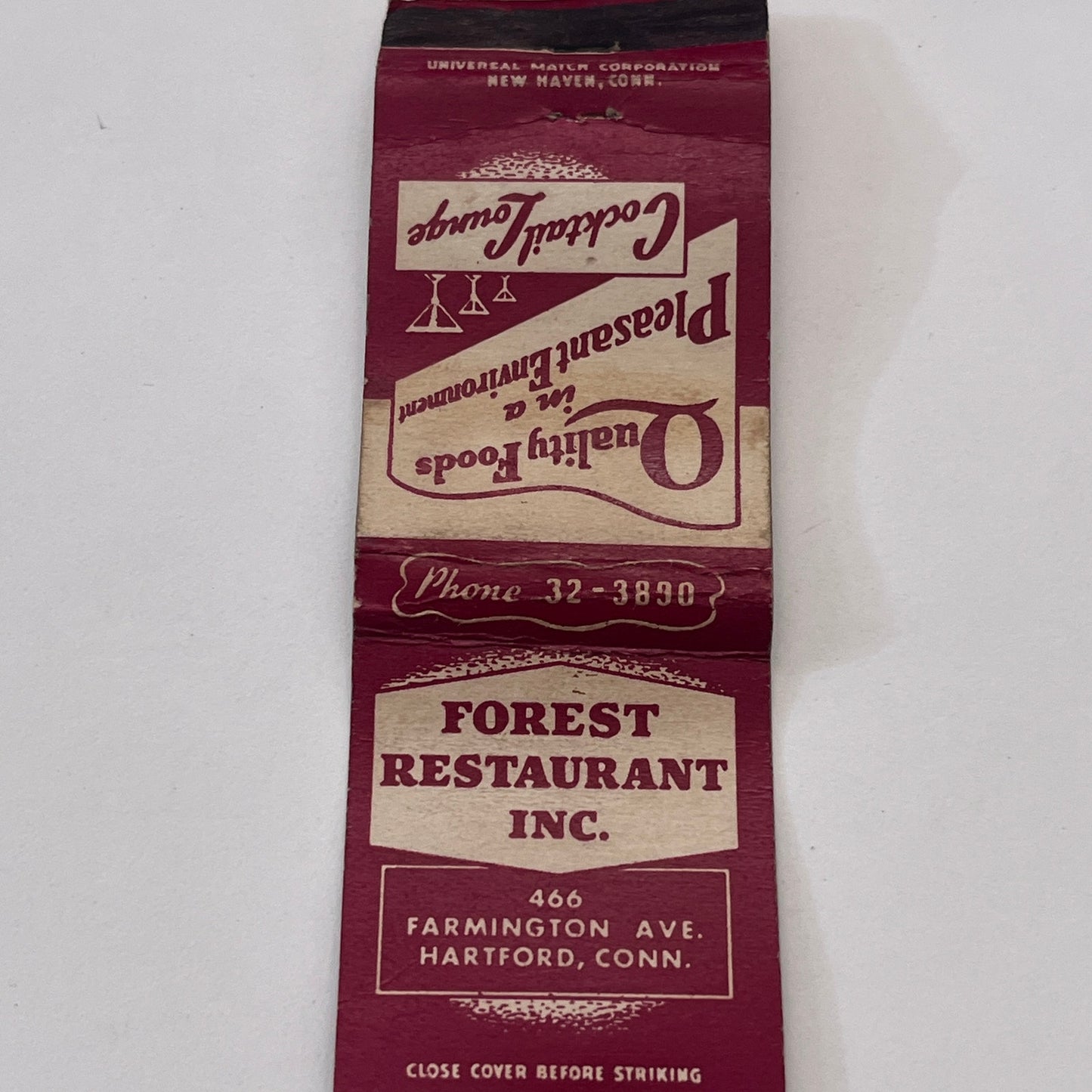 Forest Restaurant Inc Farmington Ave Hartford Vintage Matchbook Cover TB8-MB-14
