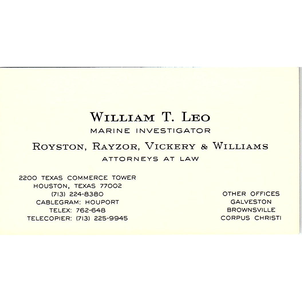 William T Leo Royston, Rayzor, Vickery & Williams Houston Business Card SC9-B4