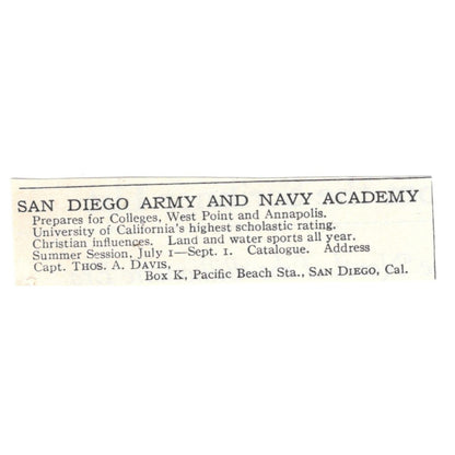 San Diego Army & Navy Academy Thomas A Davis CA 1924 Magazine Ad AD8-O9