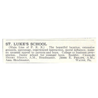 St. Luke's School Henry Strout Jesse E Philips Wayne PA 1924 Magazine Ad AD8-O7