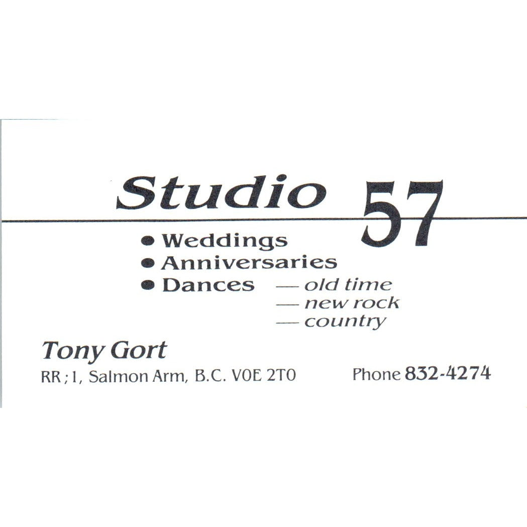 Studio 57 Tony Gort Salmon Arm British Columbia Vintage Business Card SD8-B12