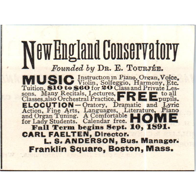 New England Conservatory Dr. E. Tourjée Boston c1890 Victorian Ad AE8-CH9