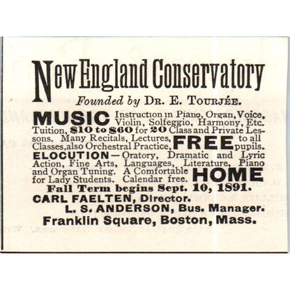 New England Conservatory Dr. E. Tourjée Boston c1890 Victorian Ad AE8-CH9
