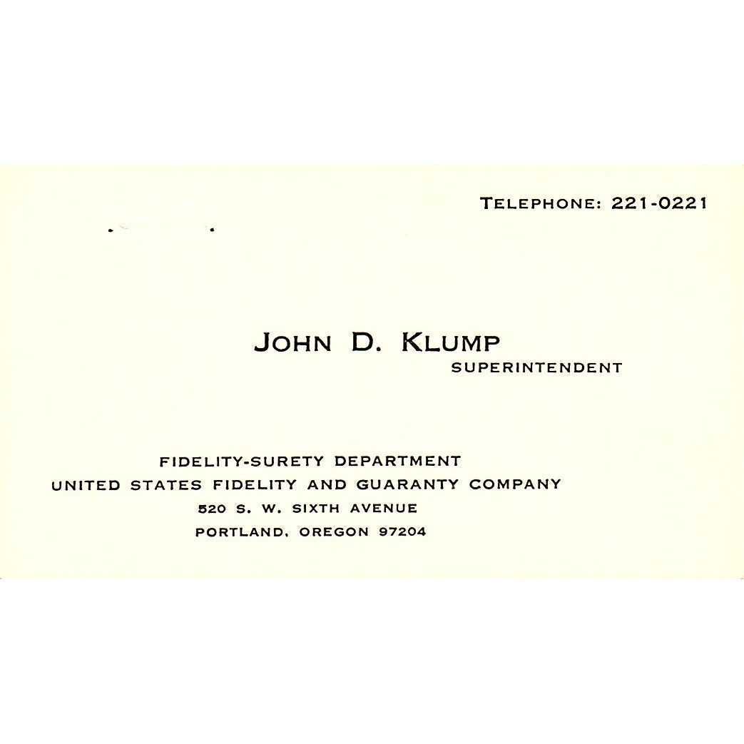 John D Klump Fidelity-Surety Dept Portland OR Vintage Business Card SD9-B8