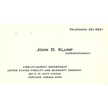 John D Klump Fidelity-Surety Dept Portland OR Vintage Business Card SD9-B8