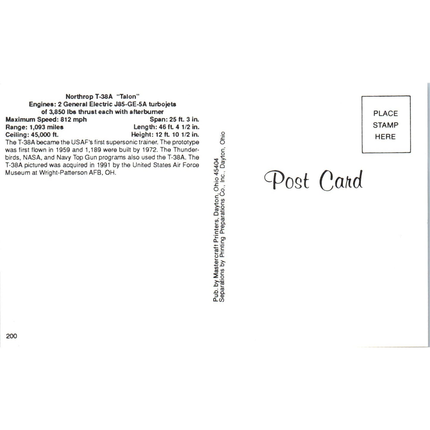 Northrop T-38A Talon Vintage Postcard TG8-PC