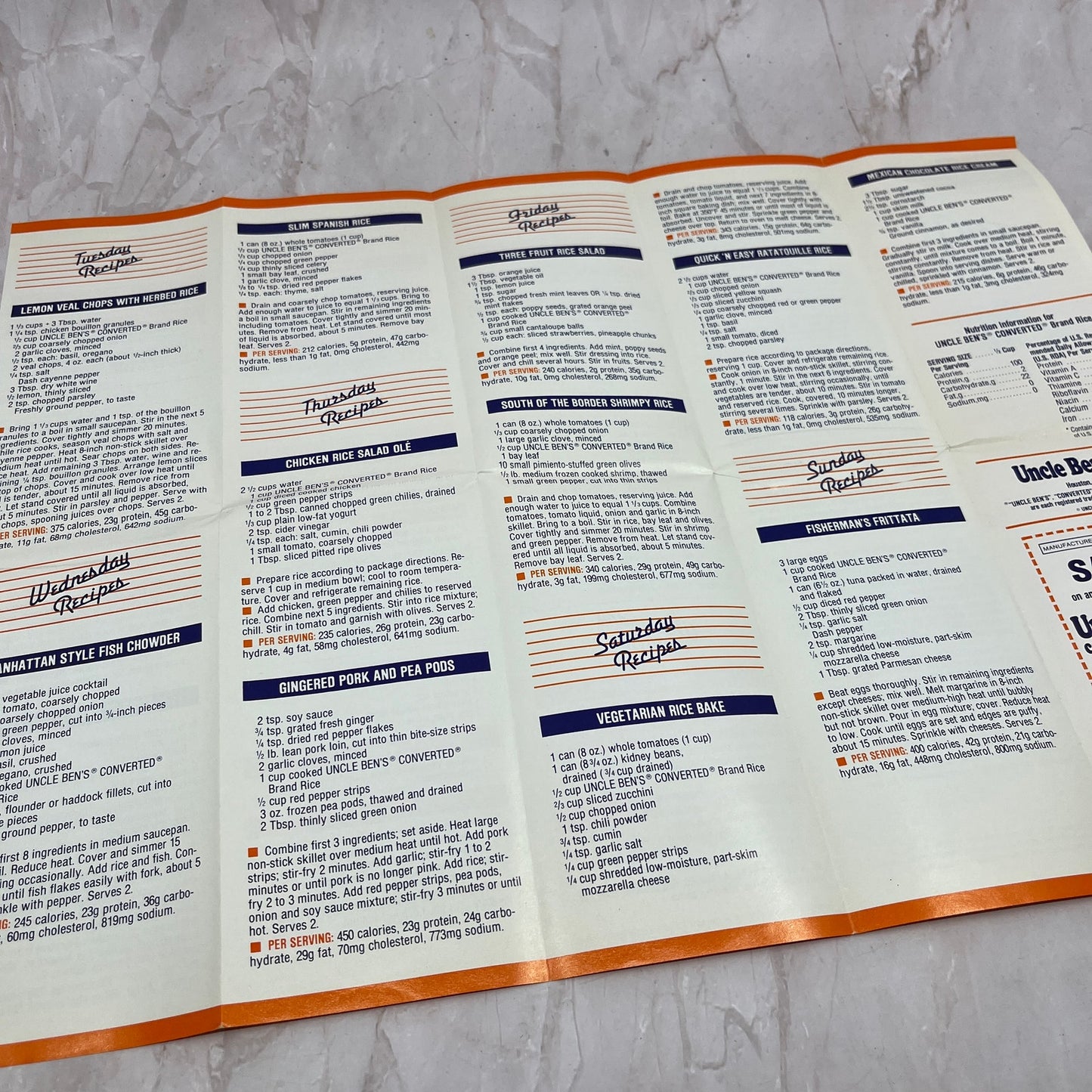 1985 Uncle Ben's 7 Day Rice Diet Recipe Guide Fold Out Pamphlet TG7-EK