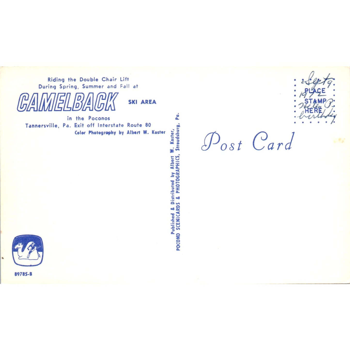 Camelback Ski Area Chair Lift Poconos Tannersville PA Vintage Postcard PD1