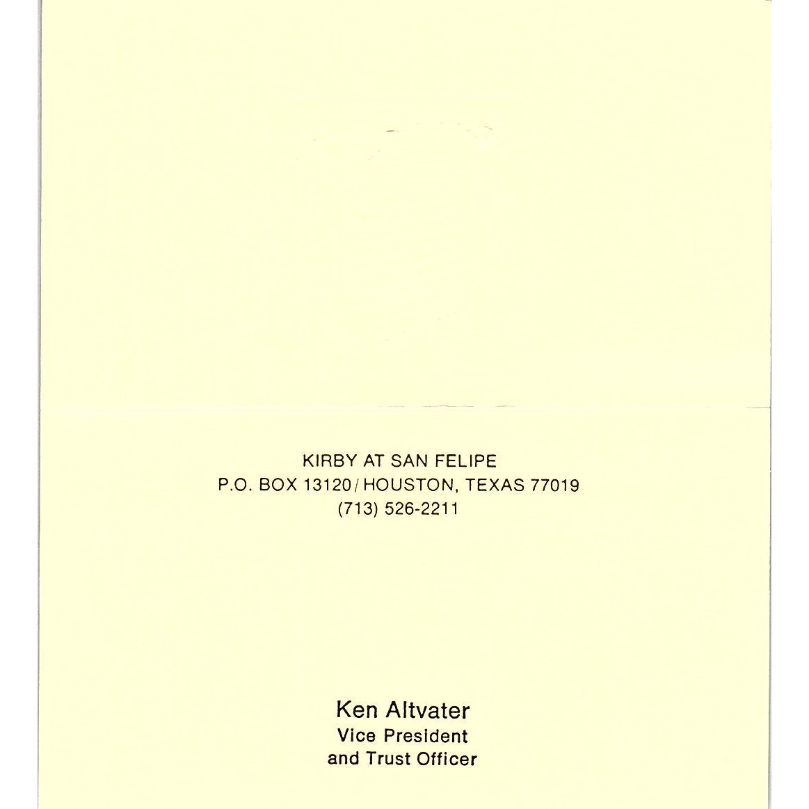 Ken Alvater River Oaks Bank & Trust Co Houston Vintage Business Card SC9-B5