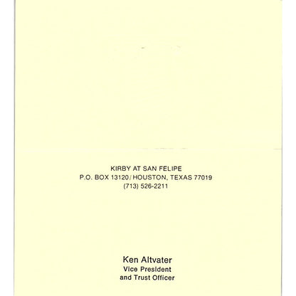 Ken Alvater River Oaks Bank & Trust Co Houston Vintage Business Card SC9-B5