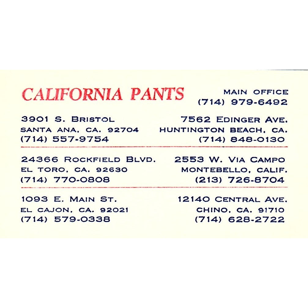 California Pants Santa Ana El Toro El Cajon CA Vintage Business Card SE5-B5