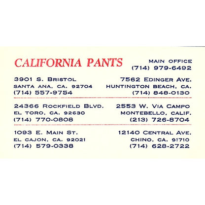 California Pants Santa Ana El Toro El Cajon CA Vintage Business Card SE5-B5