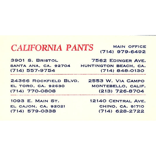 California Pants Santa Ana El Toro El Cajon CA Vintage Business Card SE5-B5