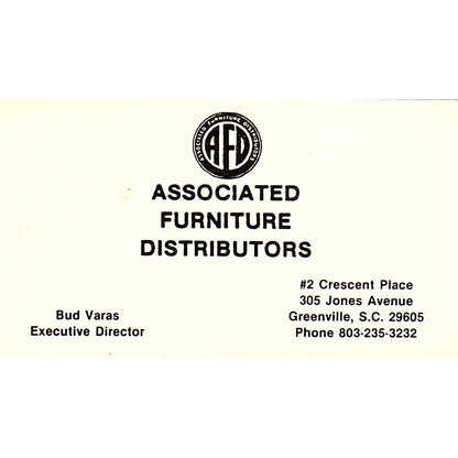 Associated Furniture Distributors Bud Varas Greenville SC Business Card SF3-B2