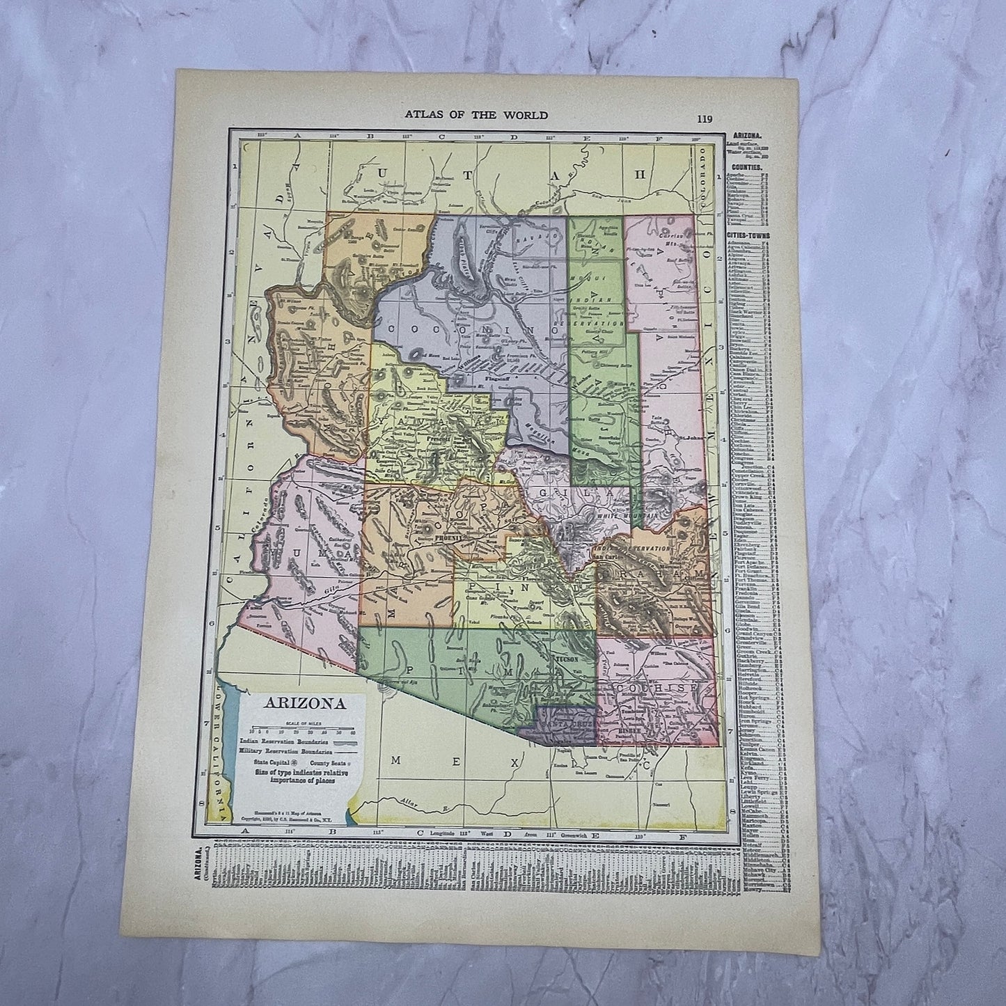 Original Antique Map of Arizona From 1910 Atlas V14-7