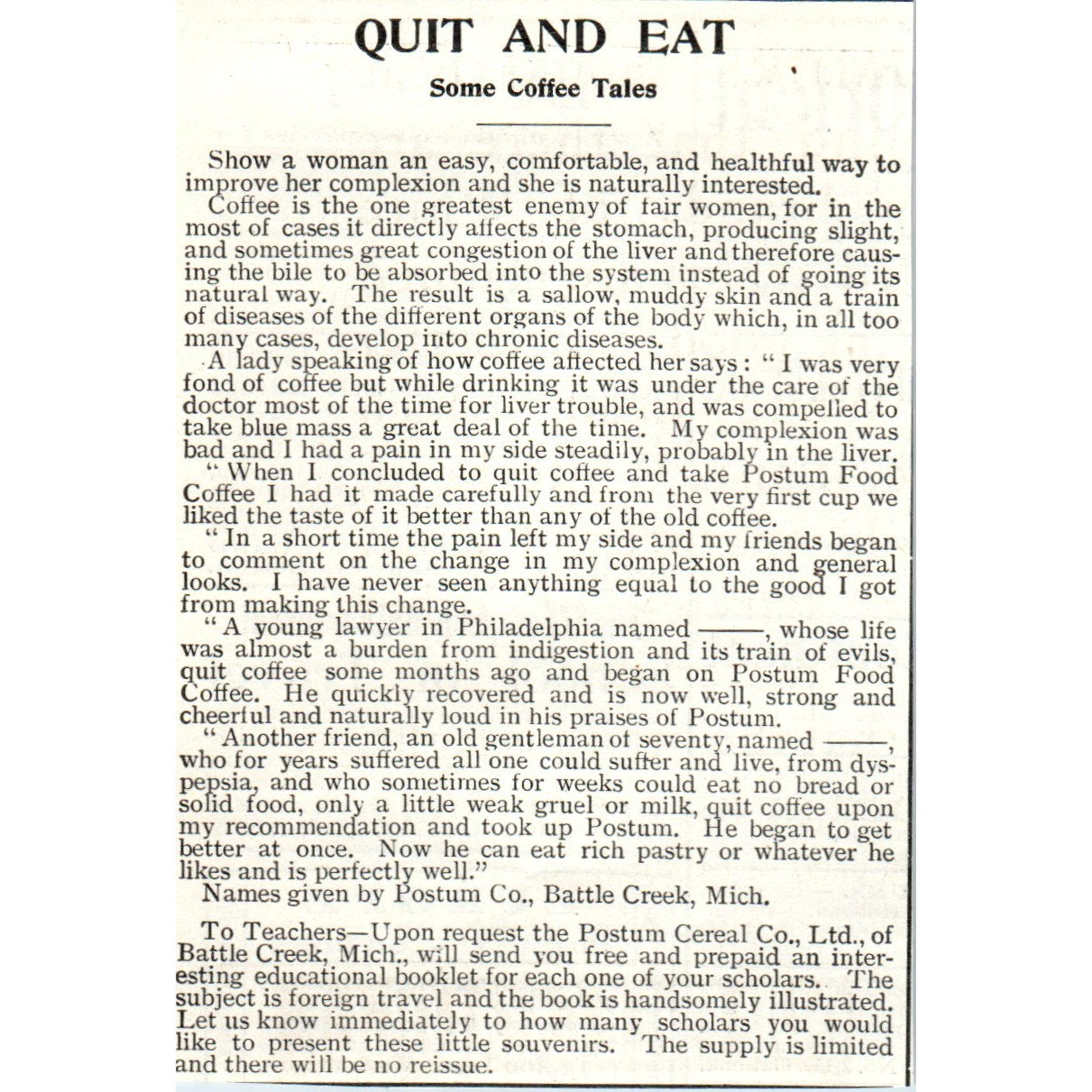 Coffee Tales The Postum Co Battle Creek Michigan 1903 Magazine Ad AF7-E4