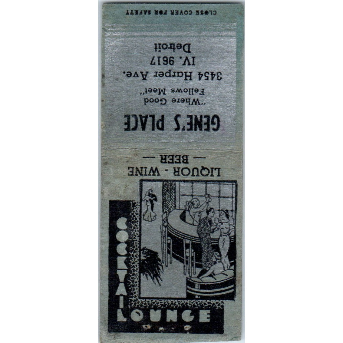 Gene's Place Cocktail Lounge Detroit MI Vintage Matchbook Cover SD2-Y3