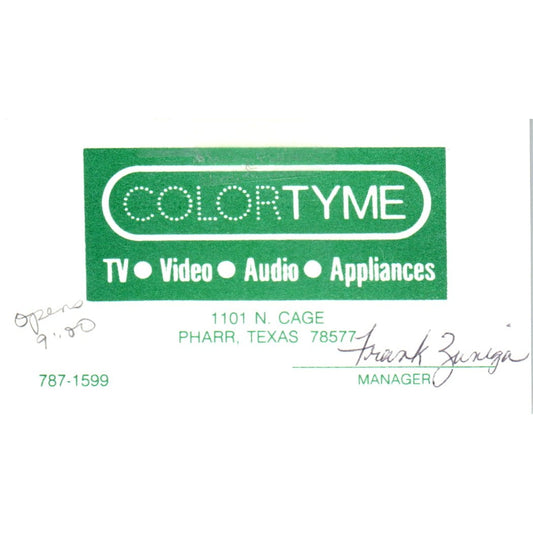 Frank Zuniga Pharr Texas ColorTyme Rent to Own Vintage Business Card SD8-B5