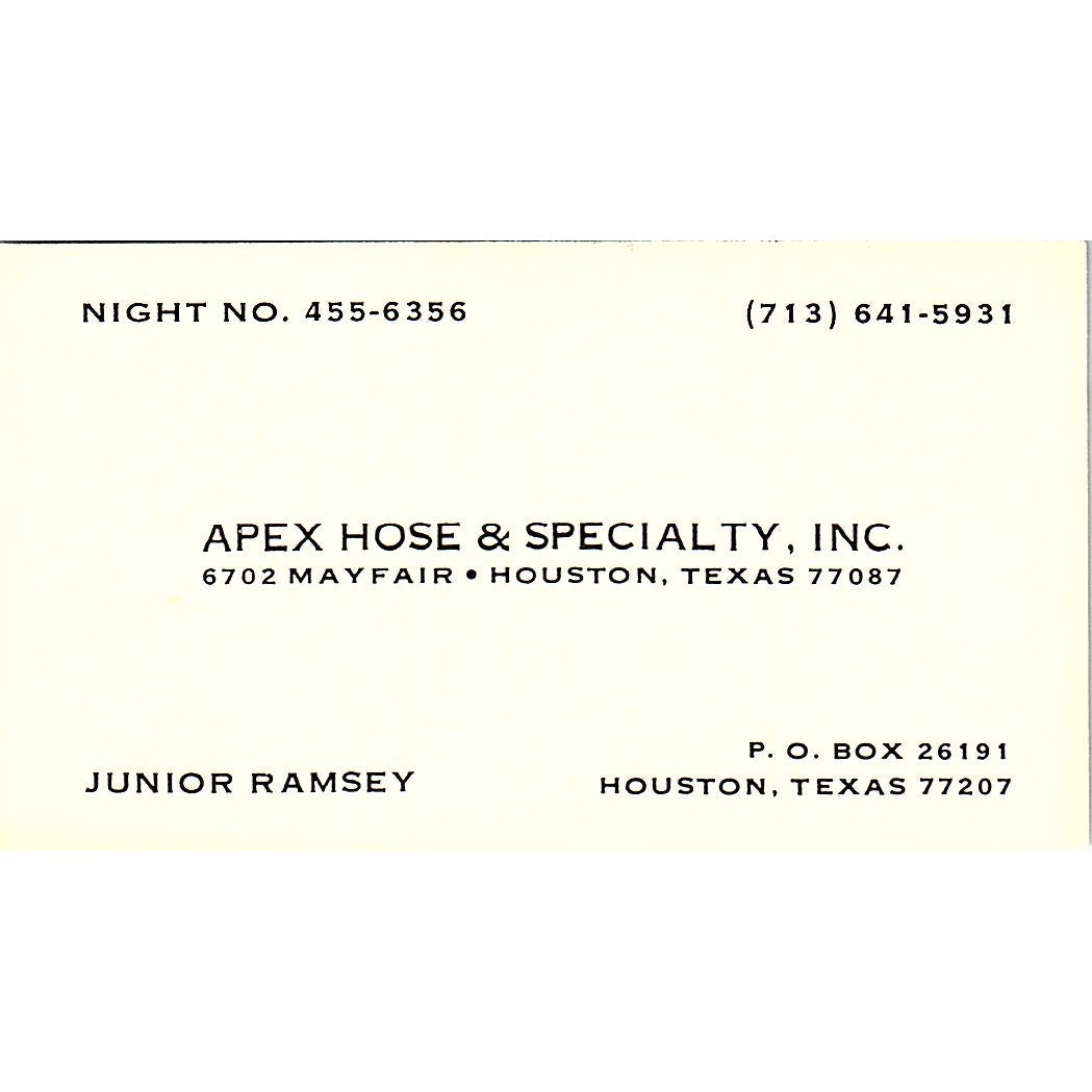 Apex Hose & Specialty Junior Ramsey Houston Texas Vintage Business Card SB4-B7