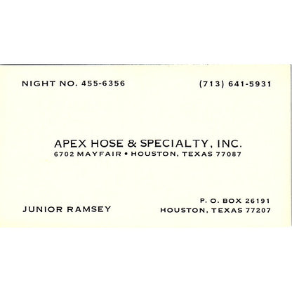 Apex Hose & Specialty Junior Ramsey Houston Texas Vintage Business Card SB4-B7