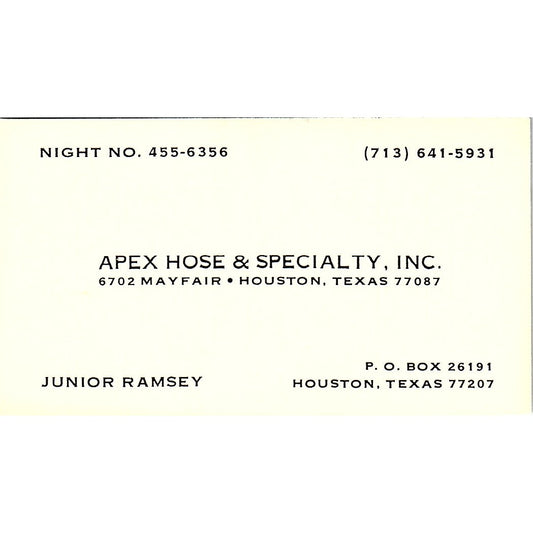 Apex Hose & Specialty Junior Ramsey Houston Texas Vintage Business Card SB4-B7