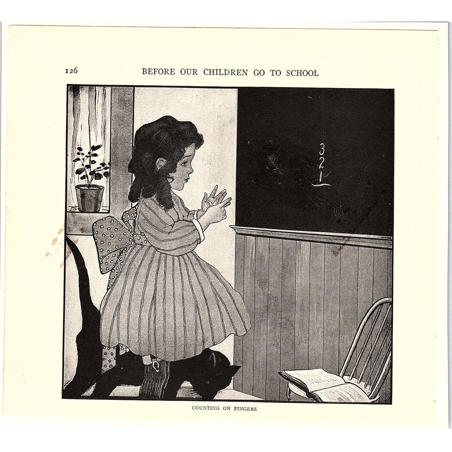 School Girl Counting On Fingers Children's Book Illustration Art Print 6x7 V12