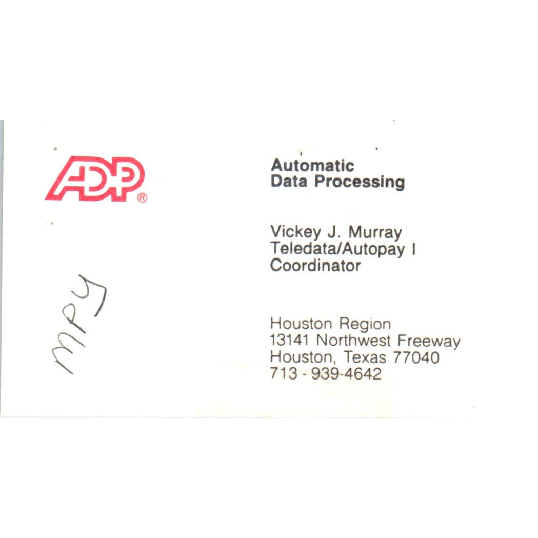 Vickey J. Murray ADP Automatic Data Processing Houston Vtg Business Card SD8-B16