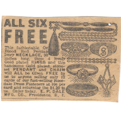 E.P. Dale Mfg Co Providence RI Free Jewelry 1923 Magazine Ad Clip AE1-6