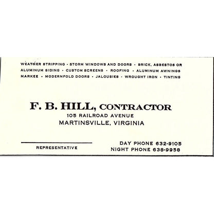 F.B. Hill Contractor Martinsville VA 1960s Ad AG2-M3