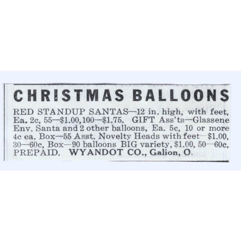 Christmas Balloons Wyandot Co Galion Ohio 1930s Magazine Advertisement AE4-I3
