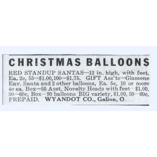 Christmas Balloons Wyandot Co Galion Ohio 1930s Magazine Advertisement AE4-I3