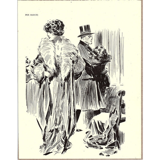 c1910 Art Deco Sketch Man in Tophat, Lady in Fur Vintage Art Print 6x9 V12