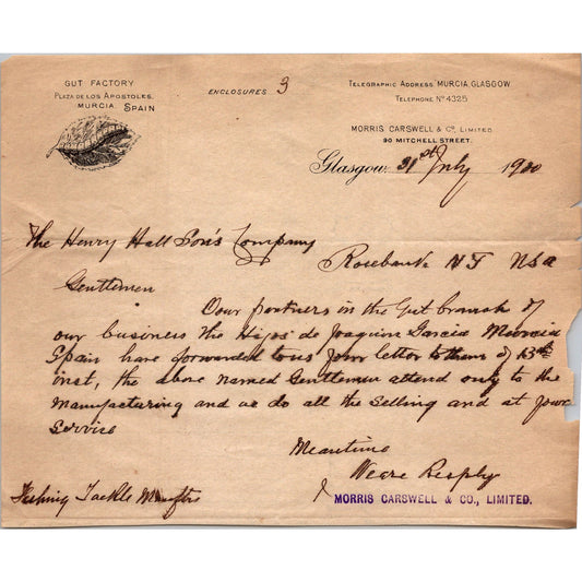 Morris Carswell & Co Ltd Glasgow Scotland Gut Factory c1910 Billhead C30